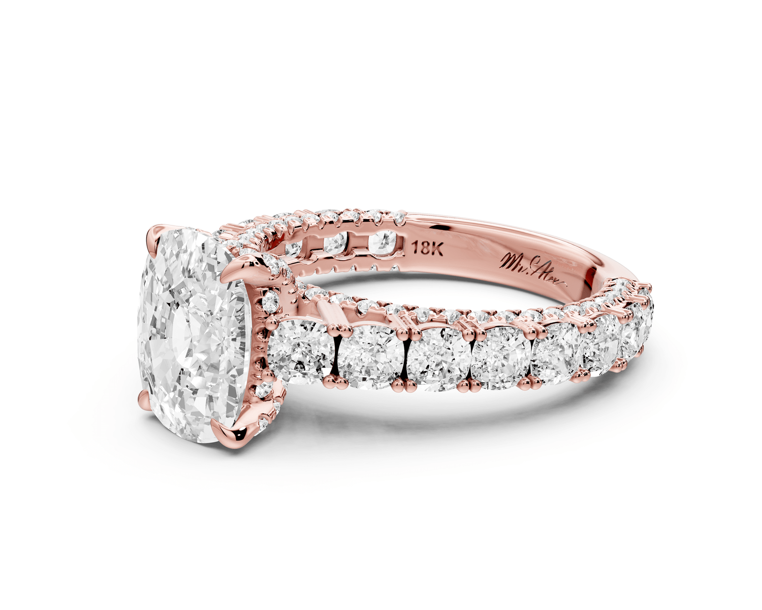 Ivy - 3ct 14k rose gold Elongated Cushion Diamond Crown Cathedral Rollover Pavé Engagement Ring - Mr. Alex Jewelry