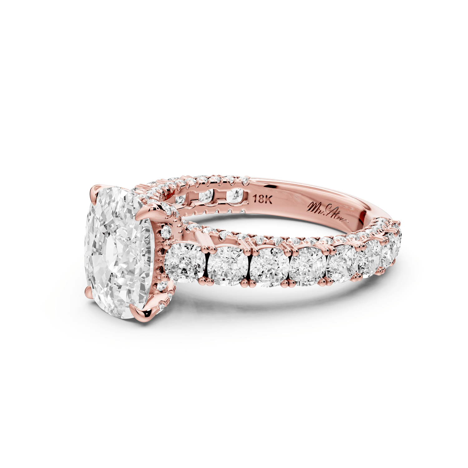 Ivy - 3ct 14k rose gold Elongated Cushion Diamond Crown Cathedral Rollover Pavé Engagement Ring - Mr. Alex Jewelry