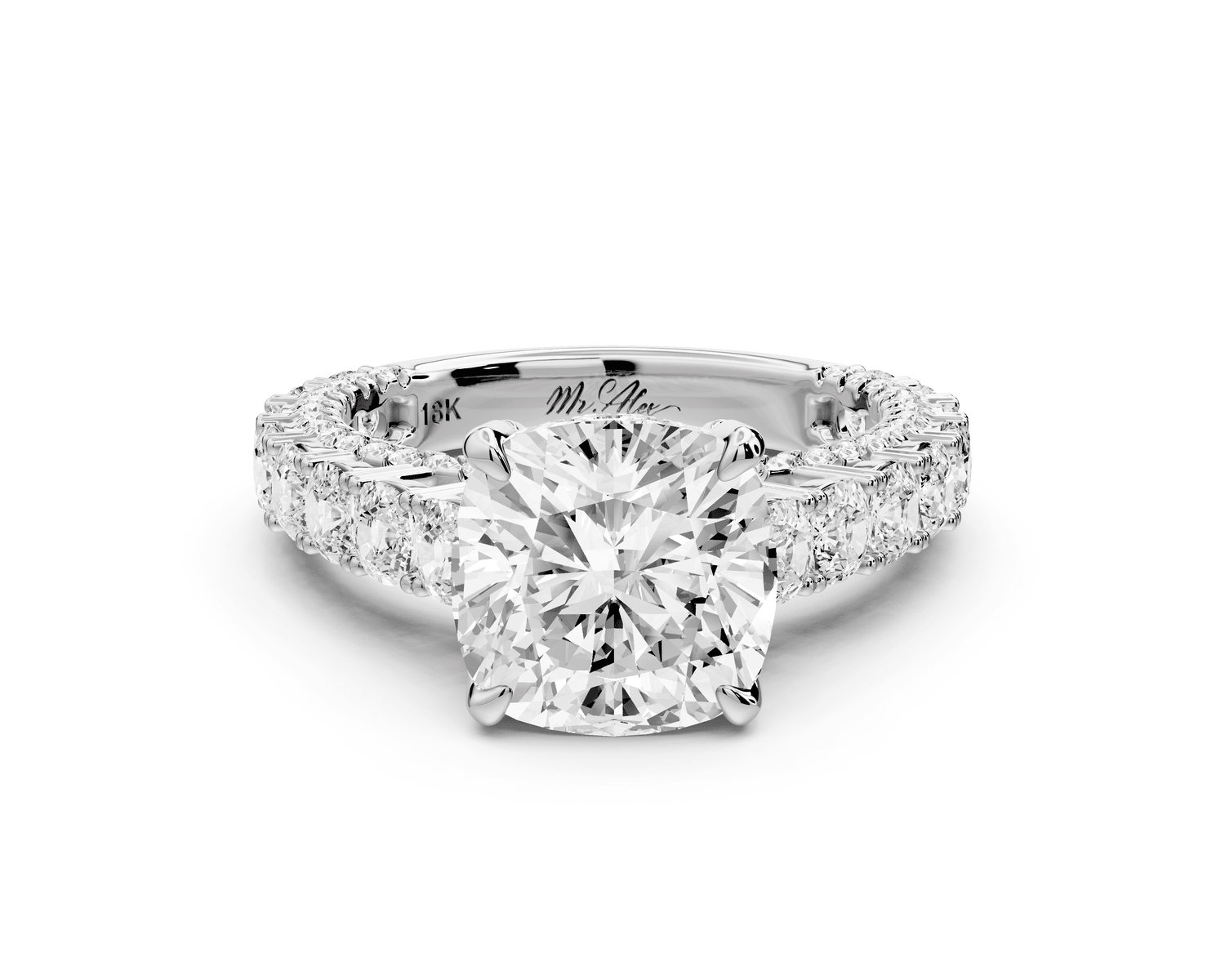 Ivy - 3ct 14k white gold cushion Diamond Crown Cathedral Rollover Pavé Engagement Ring - Mr. Alex Jewelry