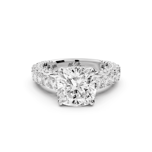 Ivy - 3ct 14k white gold cushion Diamond Crown Cathedral Rollover Pavé Engagement Ring - Mr. Alex Jewelry