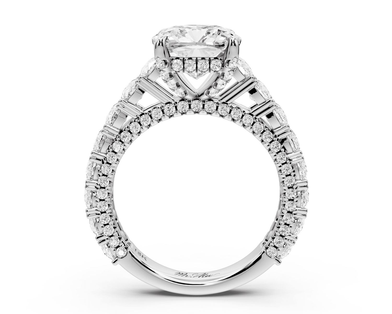 Ivy - 3ct 14k white gold cushion Diamond Crown Cathedral Rollover Pavé Engagement Ring - Mr. Alex Jewelry