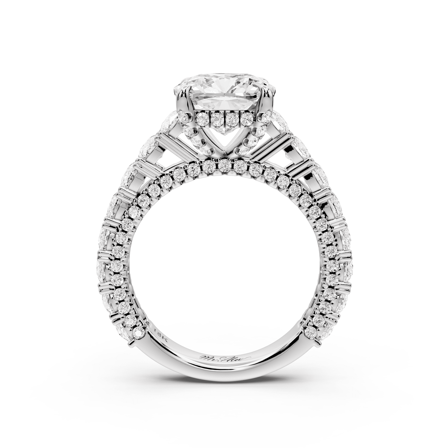 Ivy - 3ct 14k white gold cushion Diamond Crown Cathedral Rollover Pavé Engagement Ring - Mr. Alex Jewelry