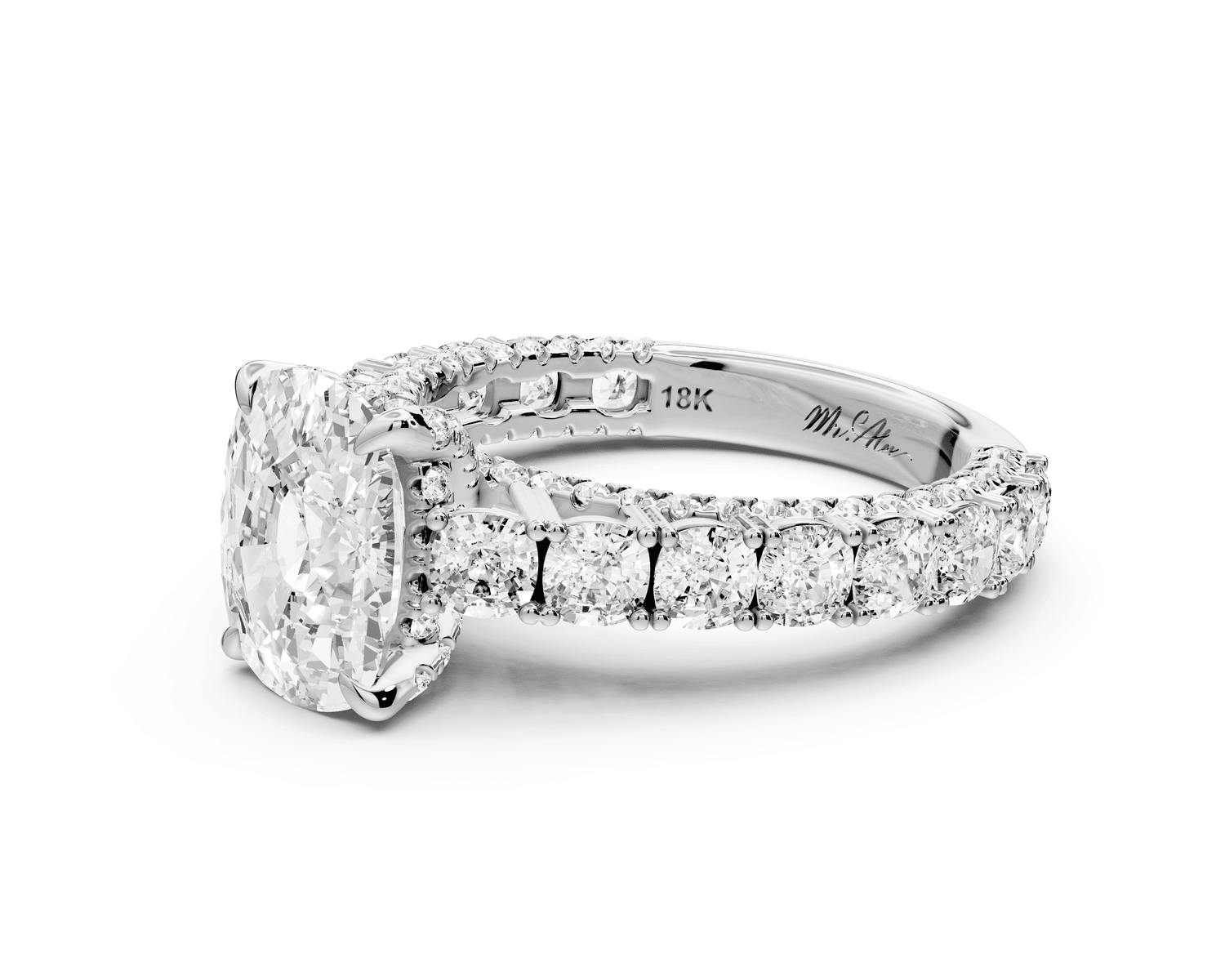 Ivy - 3ct 14k white gold ecushion Diamond Crown Cathedral Rollover Pavé Engagement Ring - Mr. Alex Jewelry