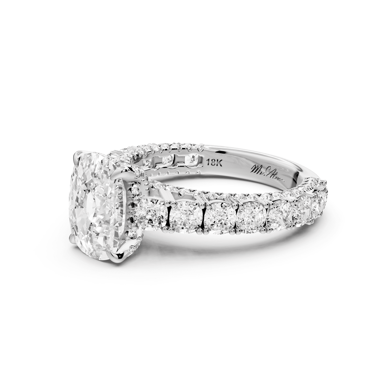 Ivy - 3ct 14k white gold ecushion Diamond Crown Cathedral Rollover Pavé Engagement Ring - Mr. Alex Jewelry