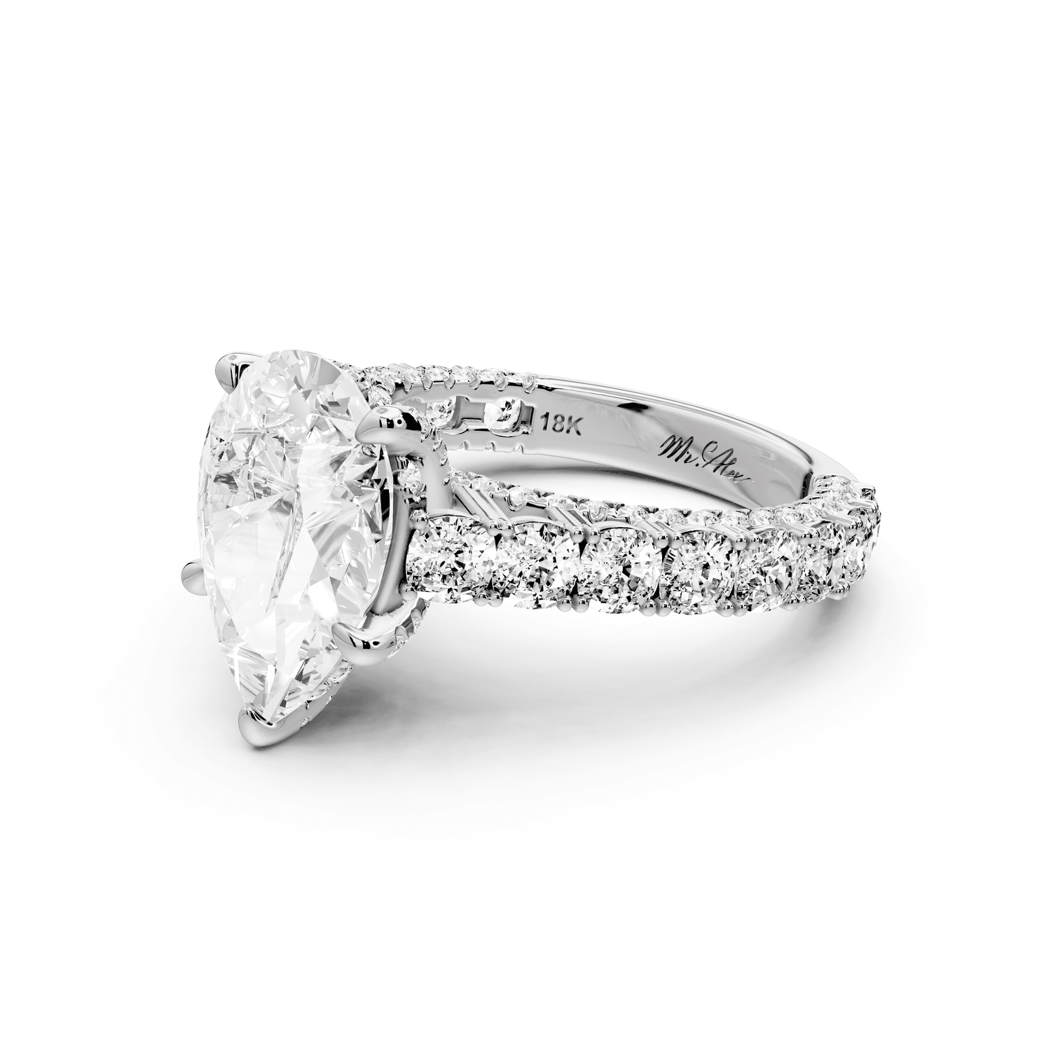 Ivy - 3ct 14k white gold pear Diamond Crown Cathedral Rollover Pavé Engagement Ring - Mr. Alex Jewelry