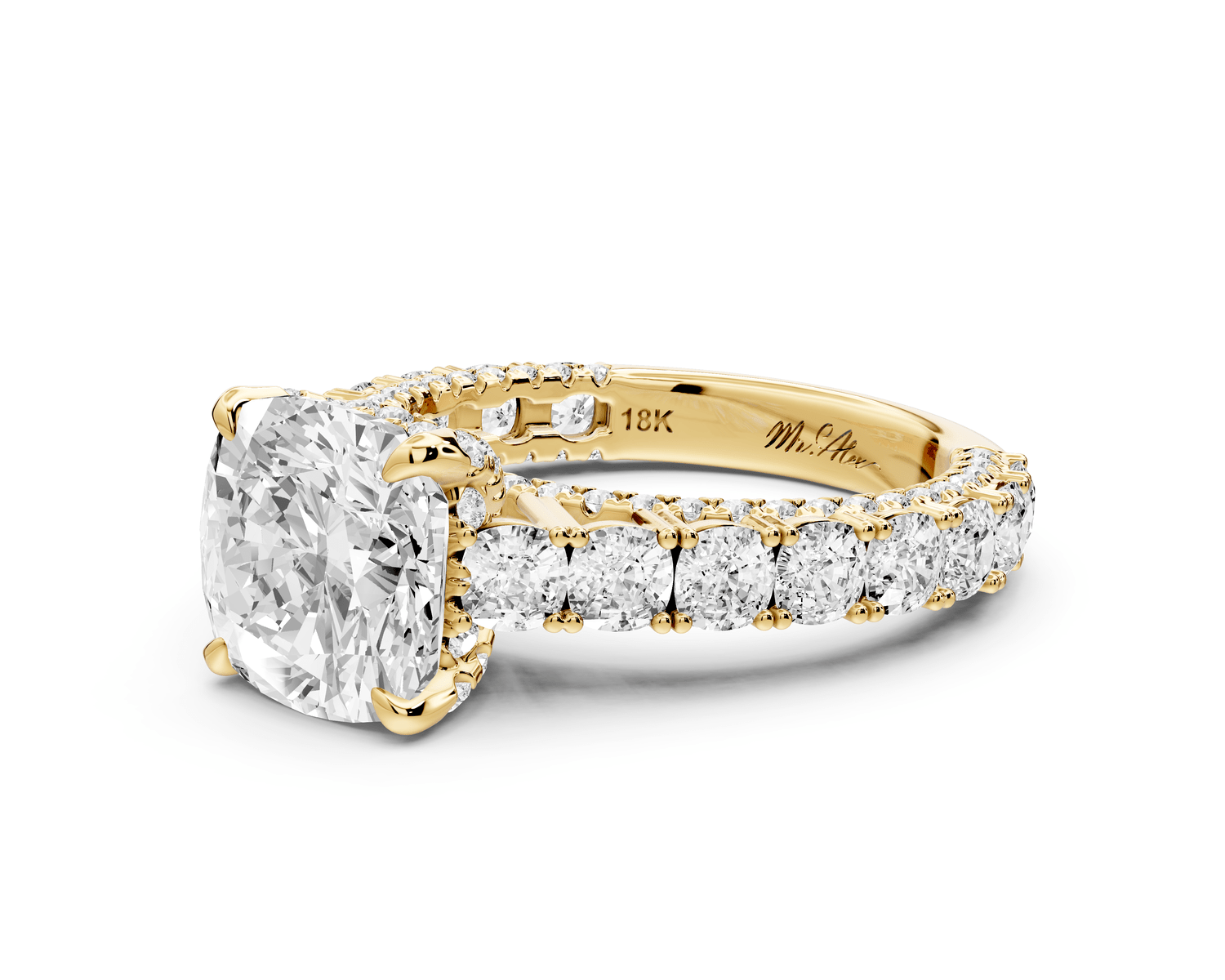 Ivy - 3ct 14k yellow gold cushion Diamond Crown Cathedral Rollover Pavé Engagement Ring - Mr. Alex Jewelry