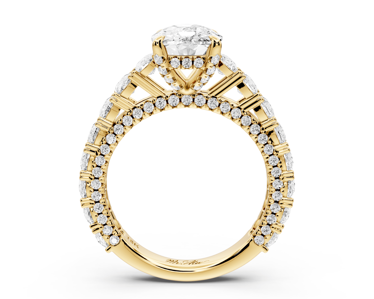 Ivy - 3ct 14k yellow gold ecushion Diamond Crown Cathedral Rollover Pavé Engagement Ring - Mr. Alex Jewelry