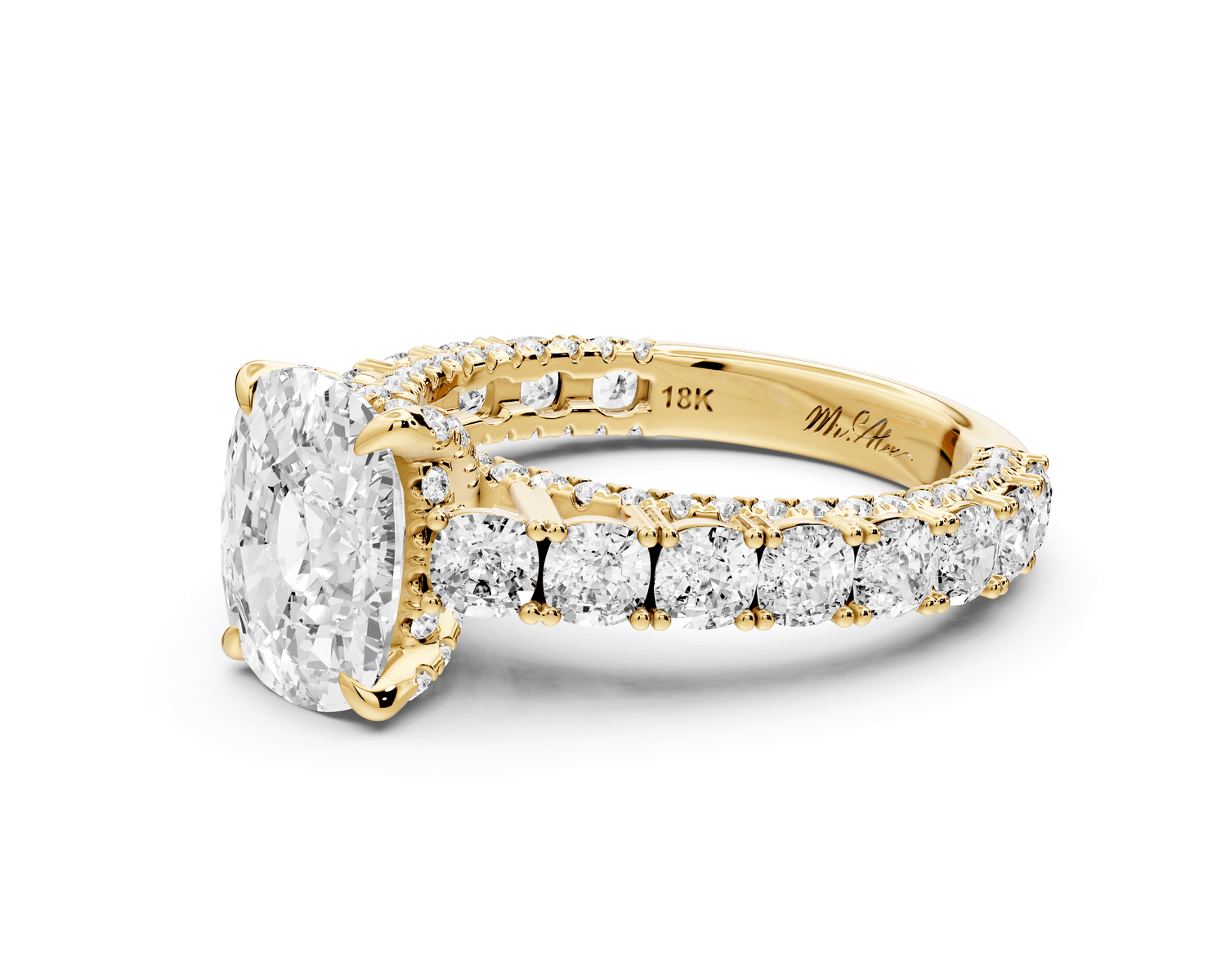 Ivy - 3ct 14k yellow gold ecushion Diamond Crown Cathedral Rollover Pavé Engagement Ring - Mr. Alex Jewelry