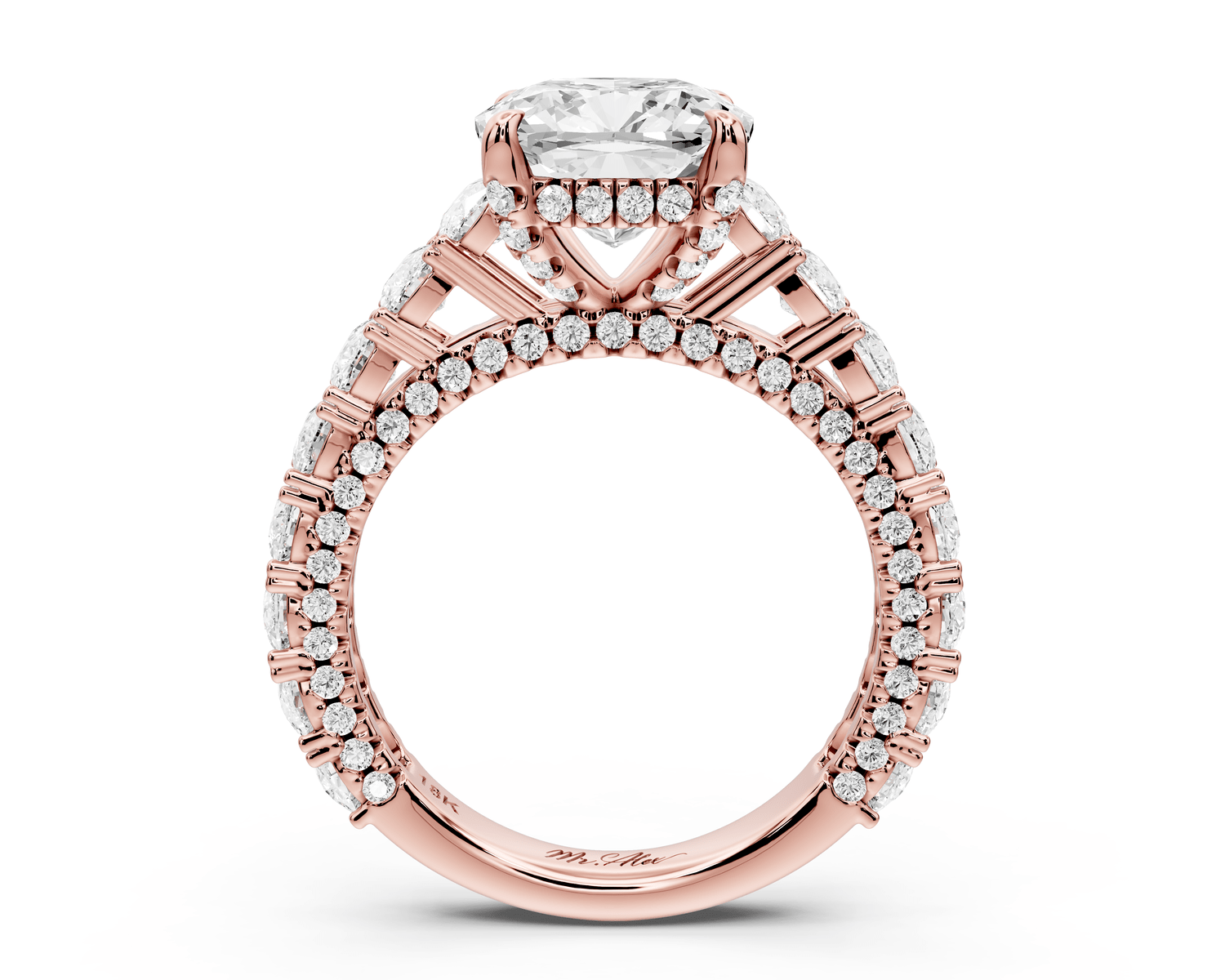 Ivy - 3ct 18k rose gold cushion Diamond Crown Cathedral Rollover Pavé Engagement Ring - Mr. Alex Jewelry