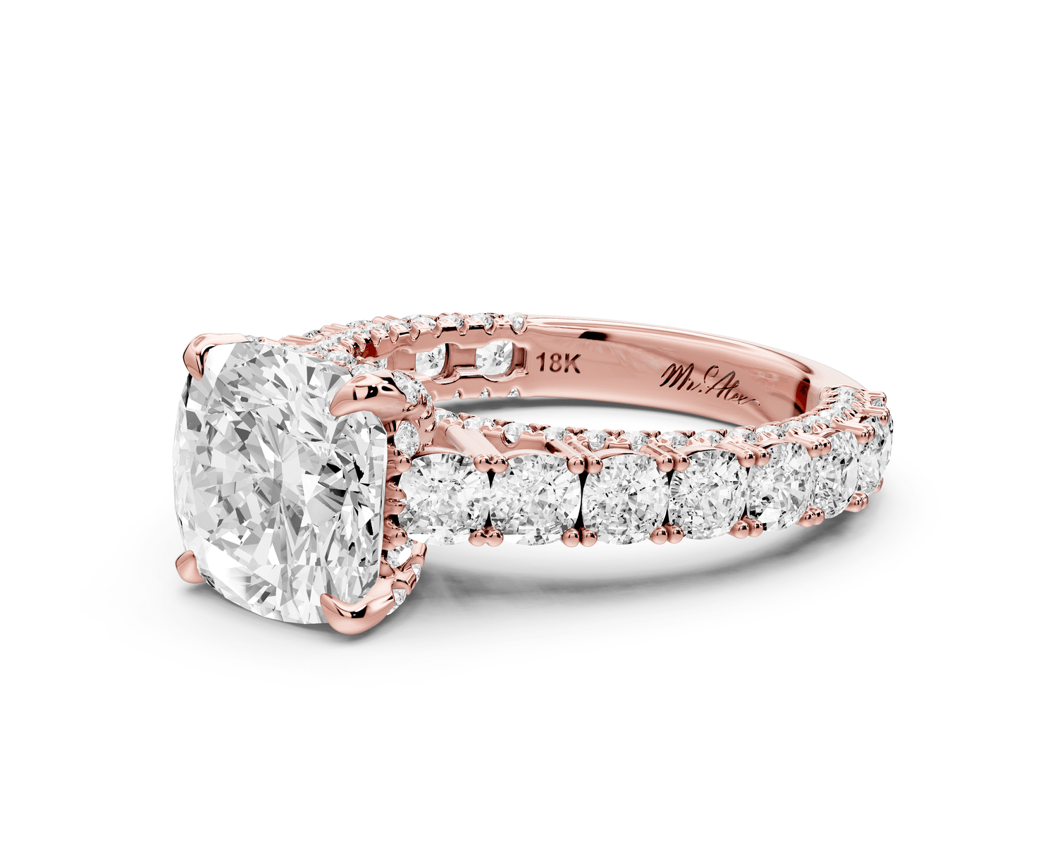 Ivy - 3ct 18k rose gold cushion Diamond Crown Cathedral Rollover Pavé Engagement Ring - Mr. Alex Jewelry