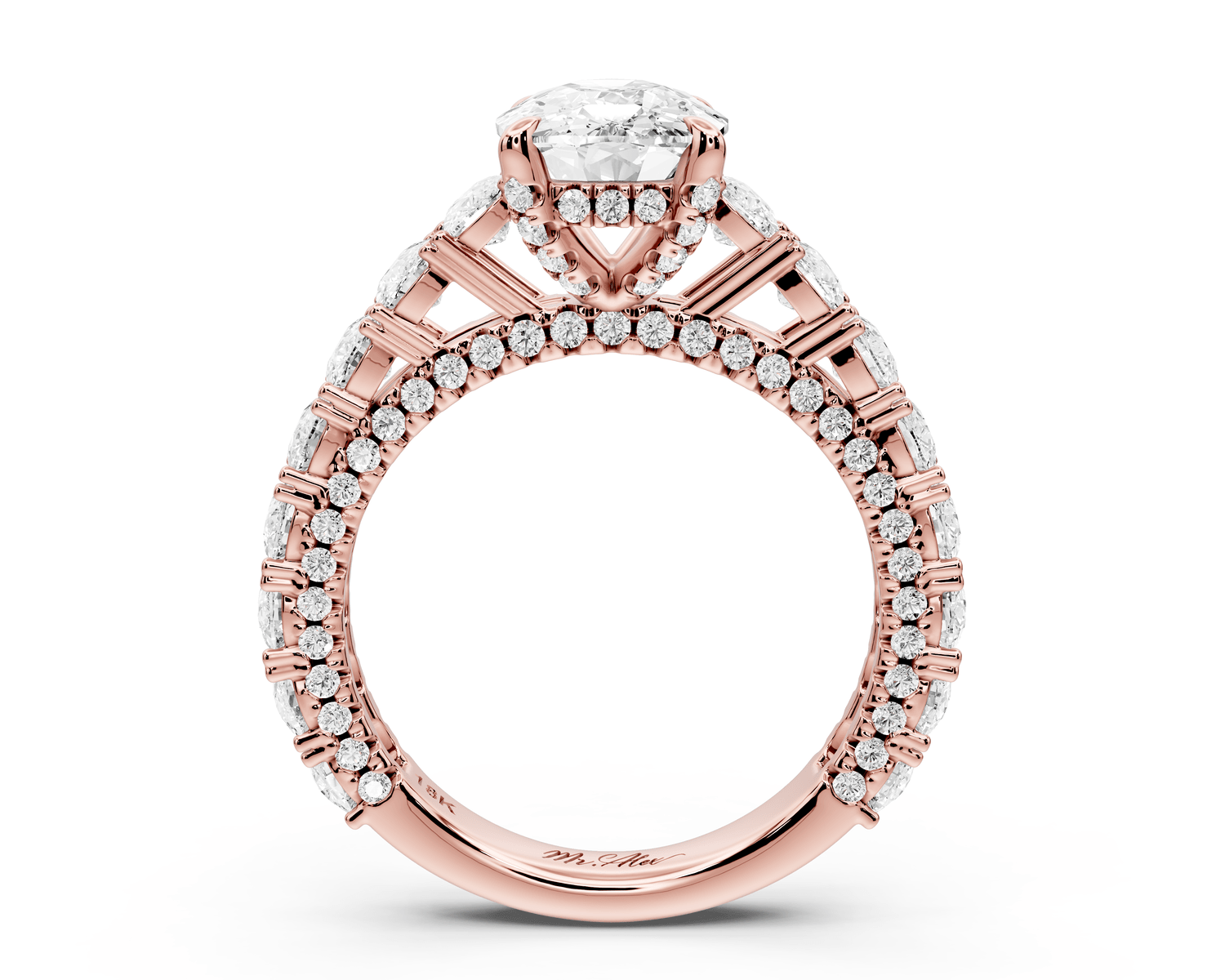 Ivy - 3ct 18k rose gold ecushion Diamond Crown Cathedral Rollover Pavé Engagement Ring - Mr. Alex Jewelry
