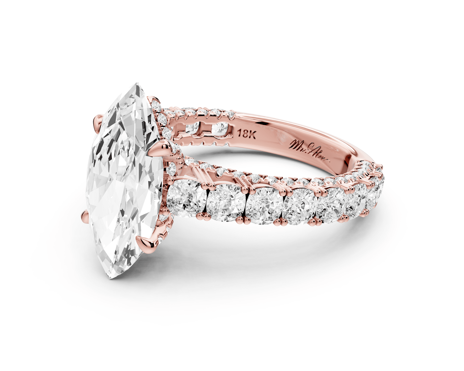 Ivy - 3ct 18k rose gold marquise Diamond Crown Cathedral Rollover Pavé Engagement Ring - Mr. Alex Jewelry