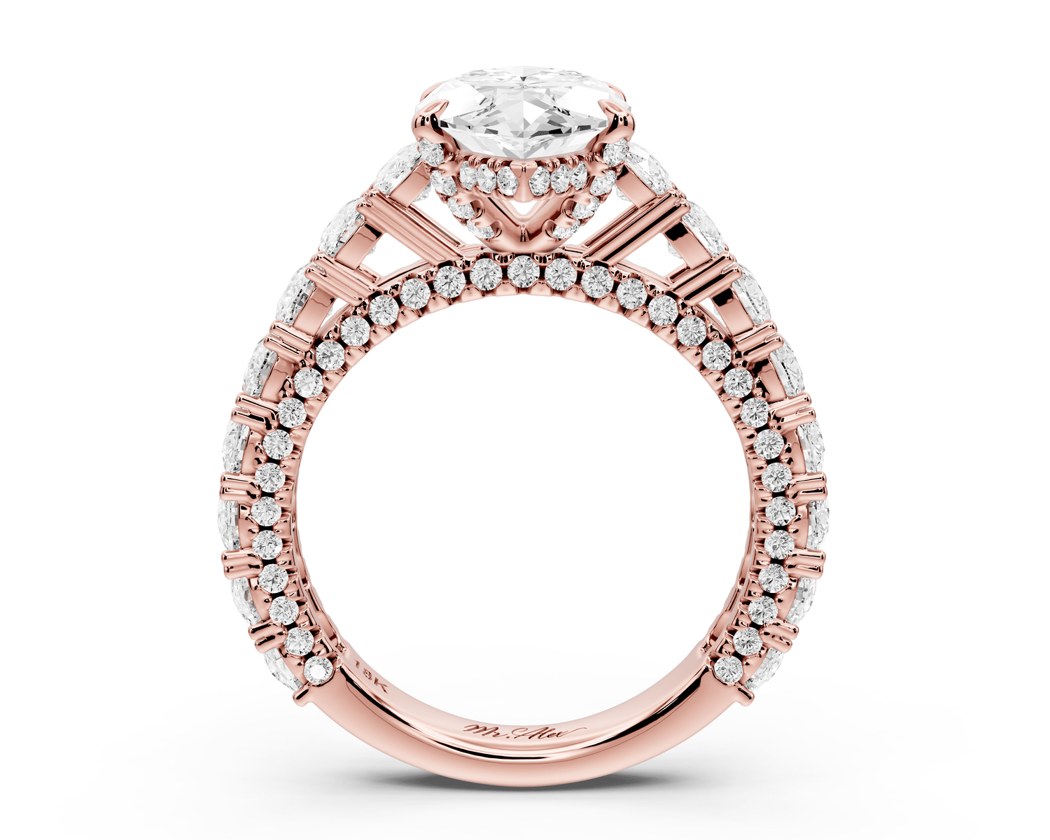 Ivy - 3ct 18k rose gold marquise Diamond Crown Cathedral Rollover Pavé Engagement Ring - Mr. Alex Jewelry