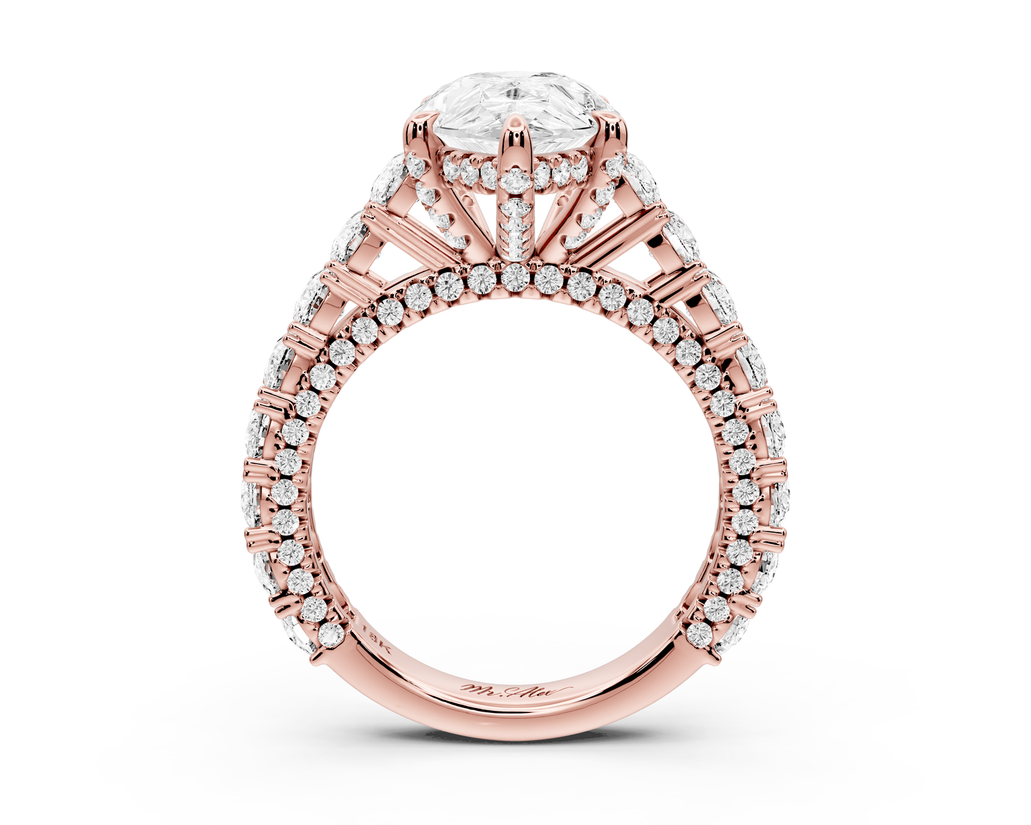 Ivy - 3ct 18k rose gold pear Diamond Crown Cathedral Rollover Pavé Engagement Ring - Mr. Alex Jewelry
