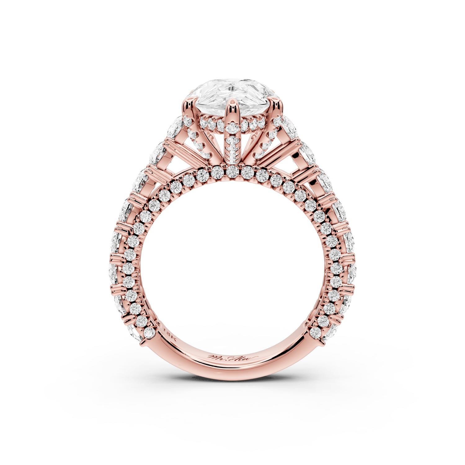 Ivy - 3ct 18k rose gold pear Diamond Crown Cathedral Rollover Pavé Engagement Ring - Mr. Alex Jewelry