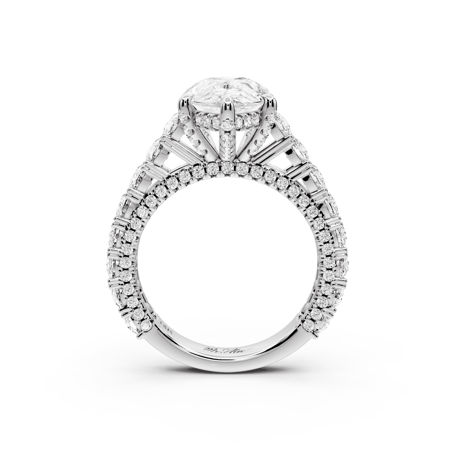 Ivy - 3ct 18k white gold pear Diamond Crown Cathedral Rollover Pavé Engagement Ring - Mr. Alex Jewelry