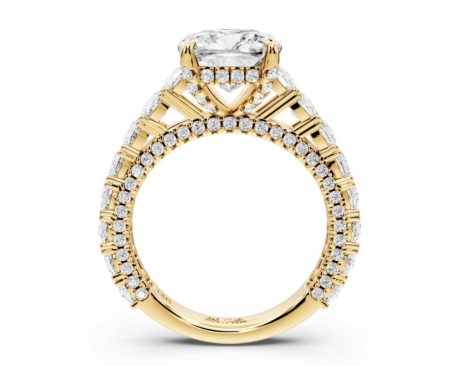 Ivy - 3ct 18k yellow gold cushion Diamond Crown Cathedral Rollover Pavé Engagement Ring - Mr. Alex Jewelry