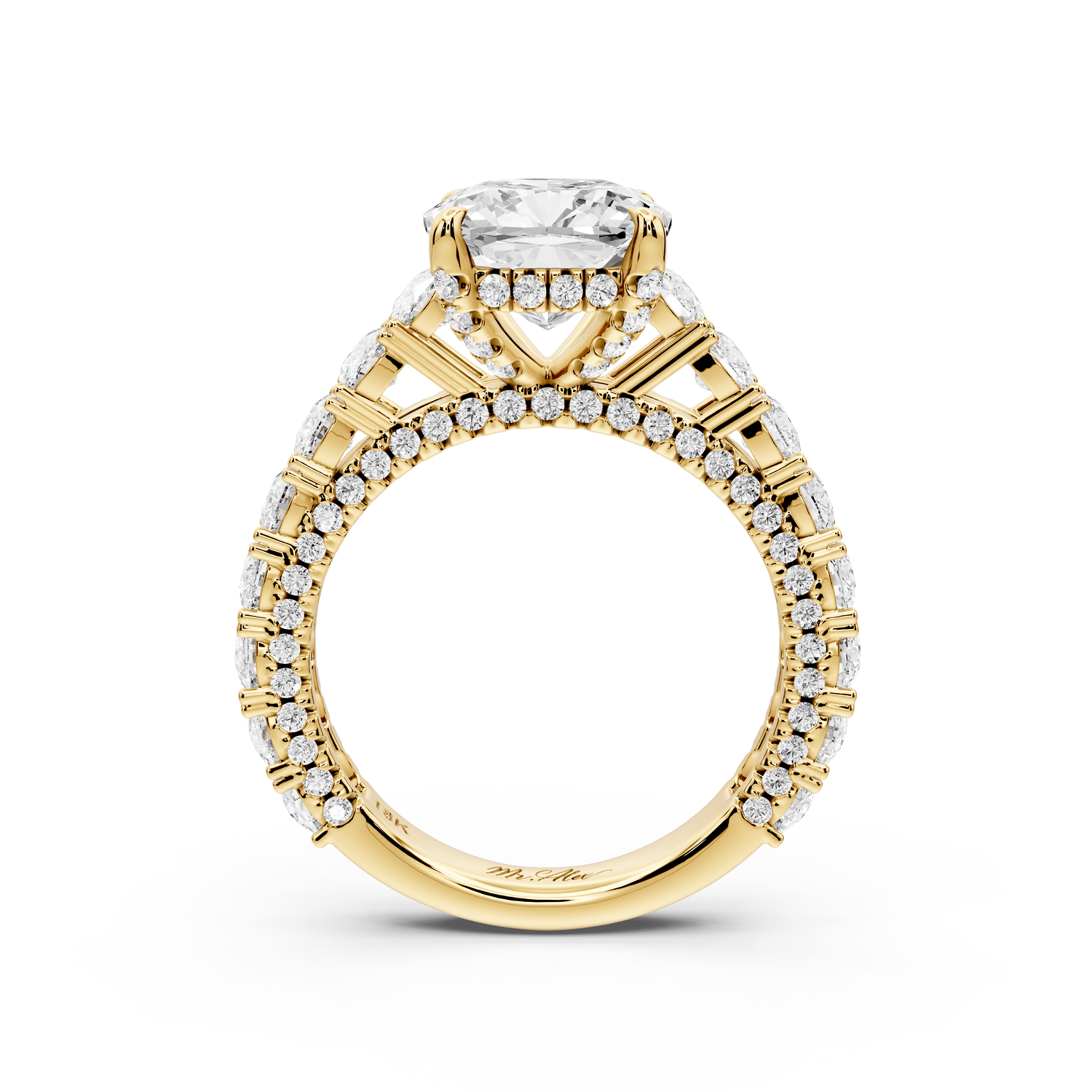 Ivy - 3ct 18k yellow gold cushion Diamond Crown Cathedral Rollover Pavé Engagement Ring - Mr. Alex Jewelry
