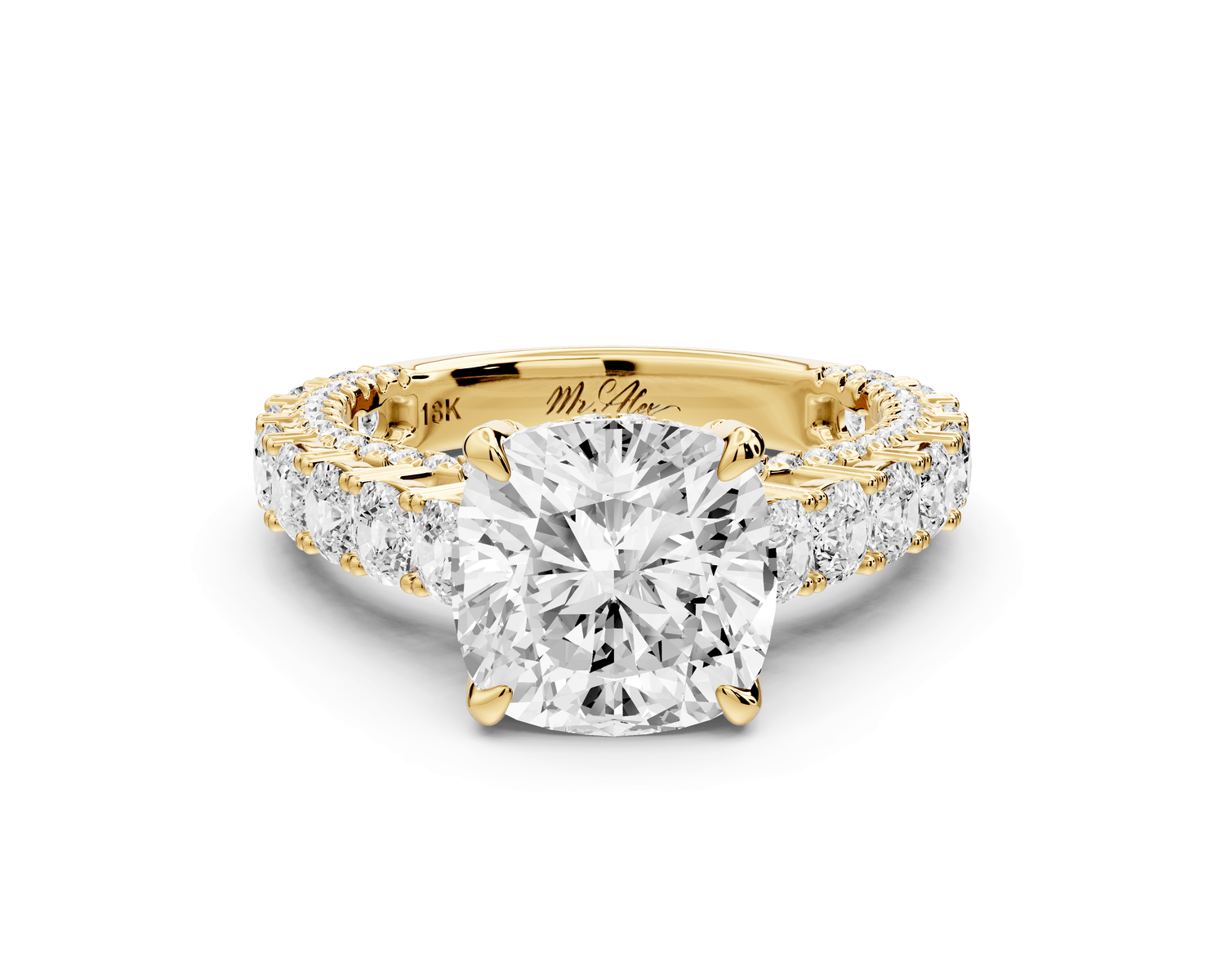 Ivy - 3ct 18k yellow gold cushion Diamond Crown Cathedral Rollover Pavé Engagement Ring - Mr. Alex Jewelry