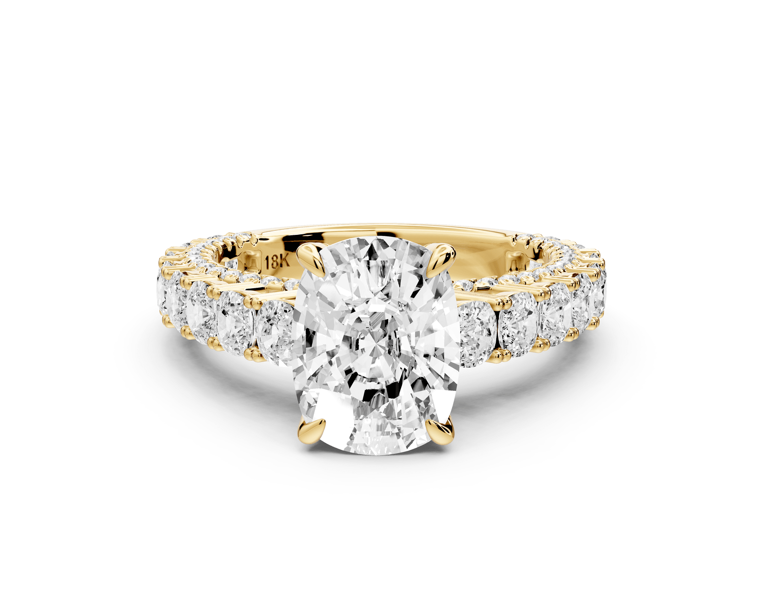 Ivy - 3ct 18k yellow gold ecushion Diamond Crown Cathedral Rollover Pavé Engagement Ring - Mr. Alex Jewelry
