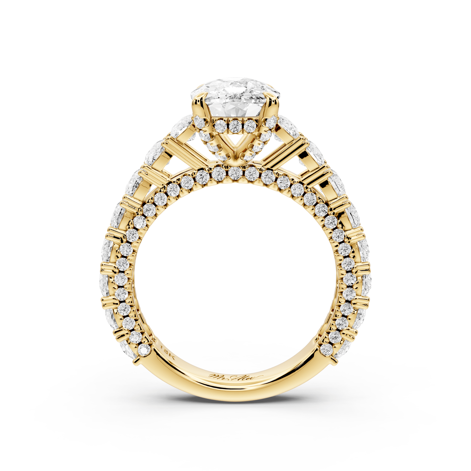Ivy - 3ct 18k yellow gold ecushion Diamond Crown Cathedral Rollover Pavé Engagement Ring - Mr. Alex Jewelry