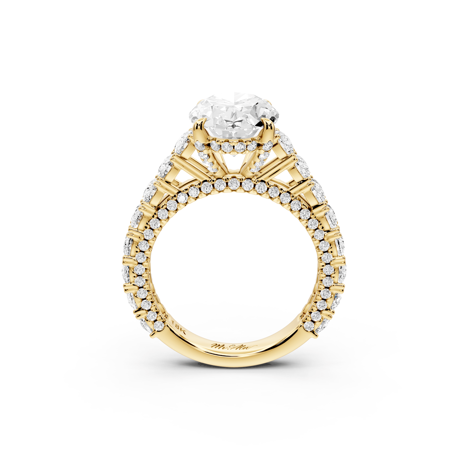 Ivy - 3ct 18k yellow gold oval Diamond Crown Cathedral Rollover Pavé Engagement Ring - Mr. Alex Jewelry
