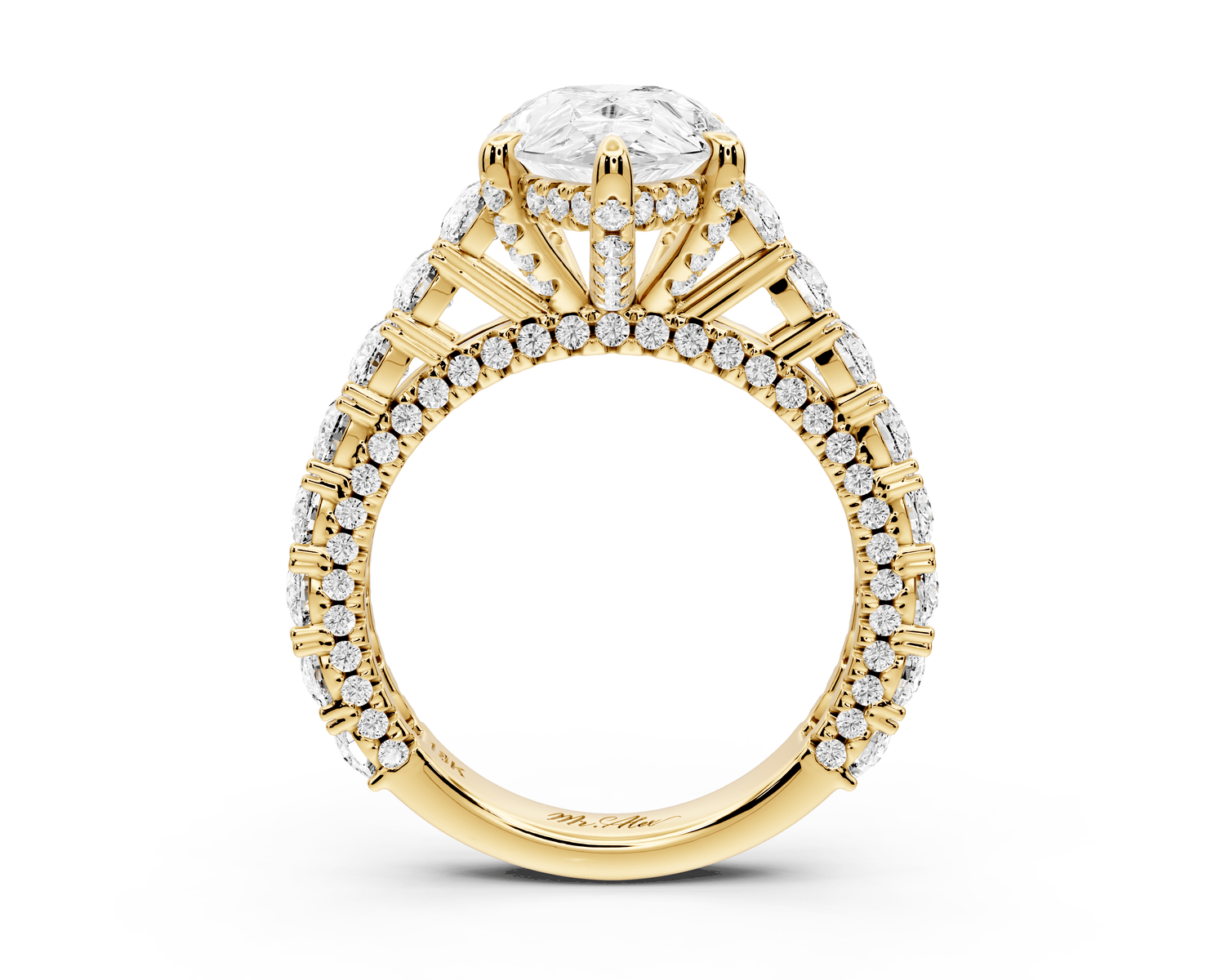 Ivy - 3ct 18k yellow gold pear Diamond Crown Cathedral Rollover Pavé Engagement Ring - Mr. Alex Jewelry