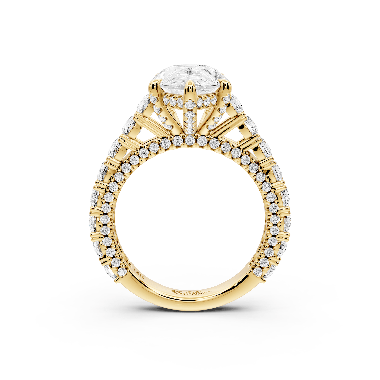 Ivy - 3ct 18k yellow gold pear Diamond Crown Cathedral Rollover Pavé Engagement Ring - Mr. Alex Jewelry