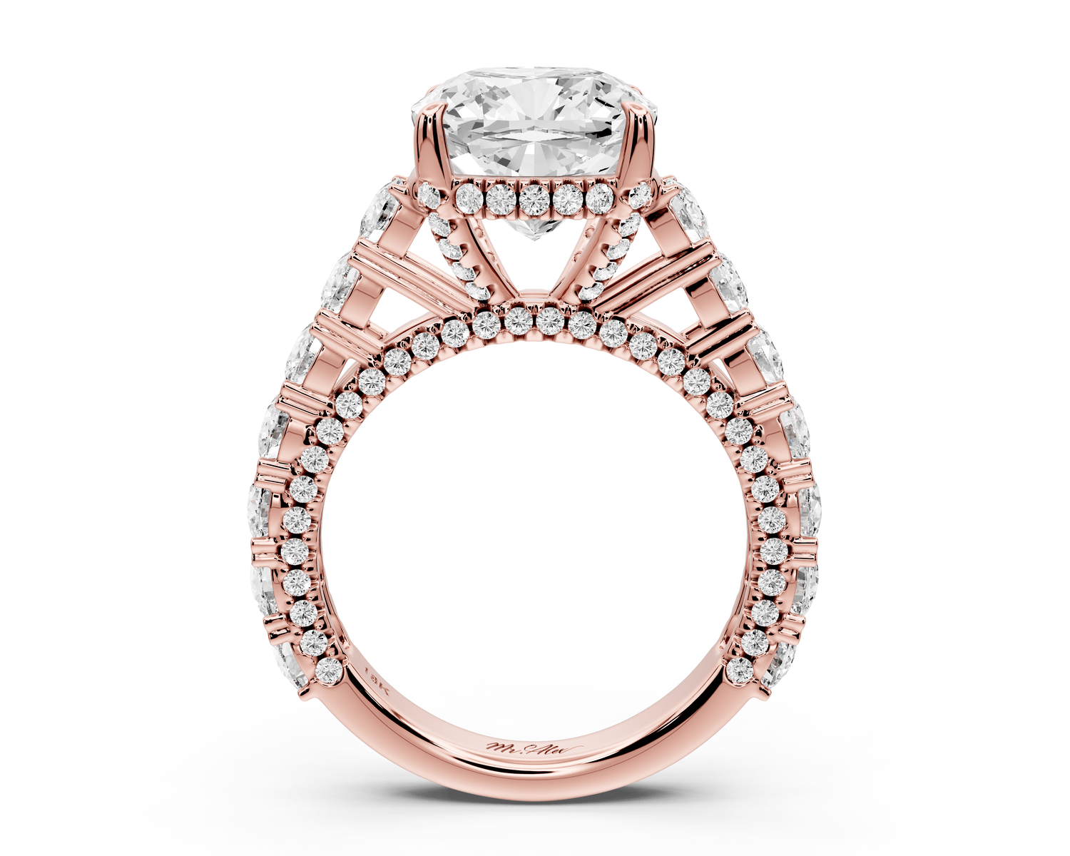 Ivy - 4ct 14k rose gold cushion Diamond Crown Cathedral Rollover Pavé Engagement Ring - Mr. Alex Jewelry