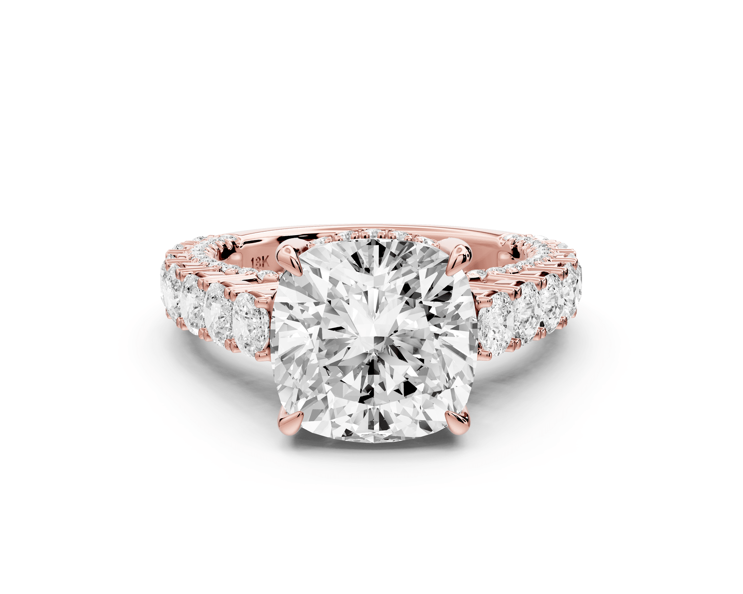 Ivy - 4ct 14k rose gold cushion Diamond Crown Cathedral Rollover Pavé Engagement Ring - Mr. Alex Jewelry
