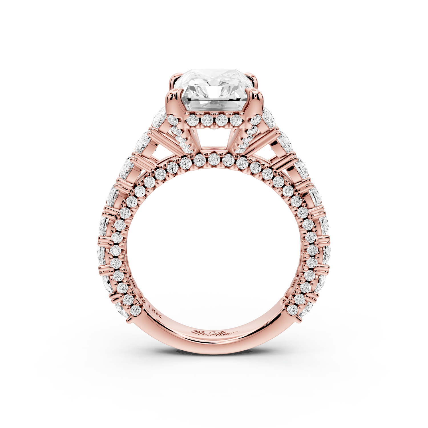 Ivy - 4ct 14k rose gold radiant Diamond Crown Cathedral Rollover Pavé Engagement Ring - Mr. Alex Jewelry