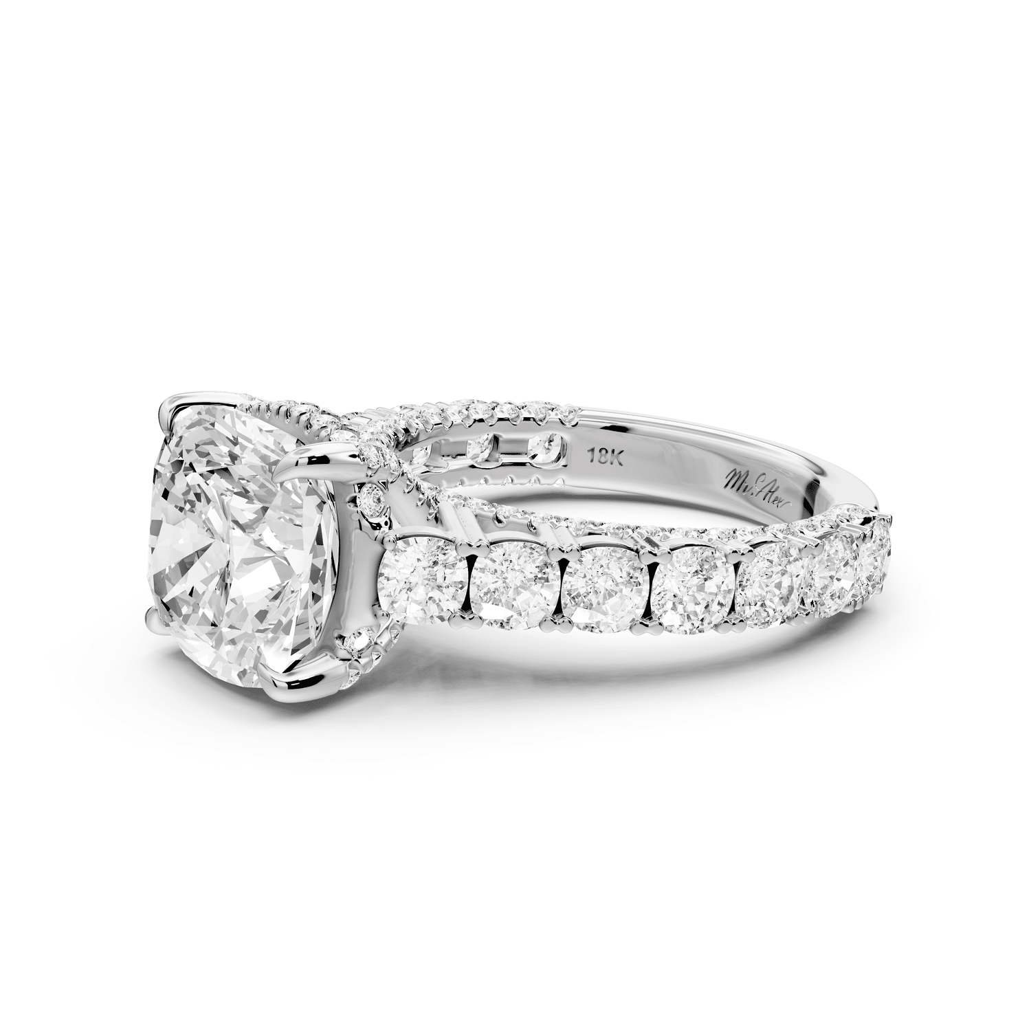 Ivy - 4ct 14k white gold cushion Diamond Crown Cathedral Rollover Pavé Engagement Ring - Mr. Alex Jewelry