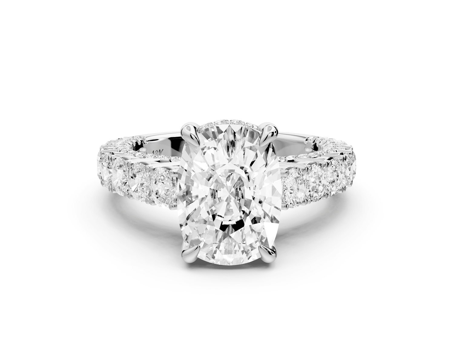 Ivy - 4ct 14k white gold ecushion Diamond Crown Cathedral Rollover Pavé Engagement Ring - Mr. Alex Jewelry