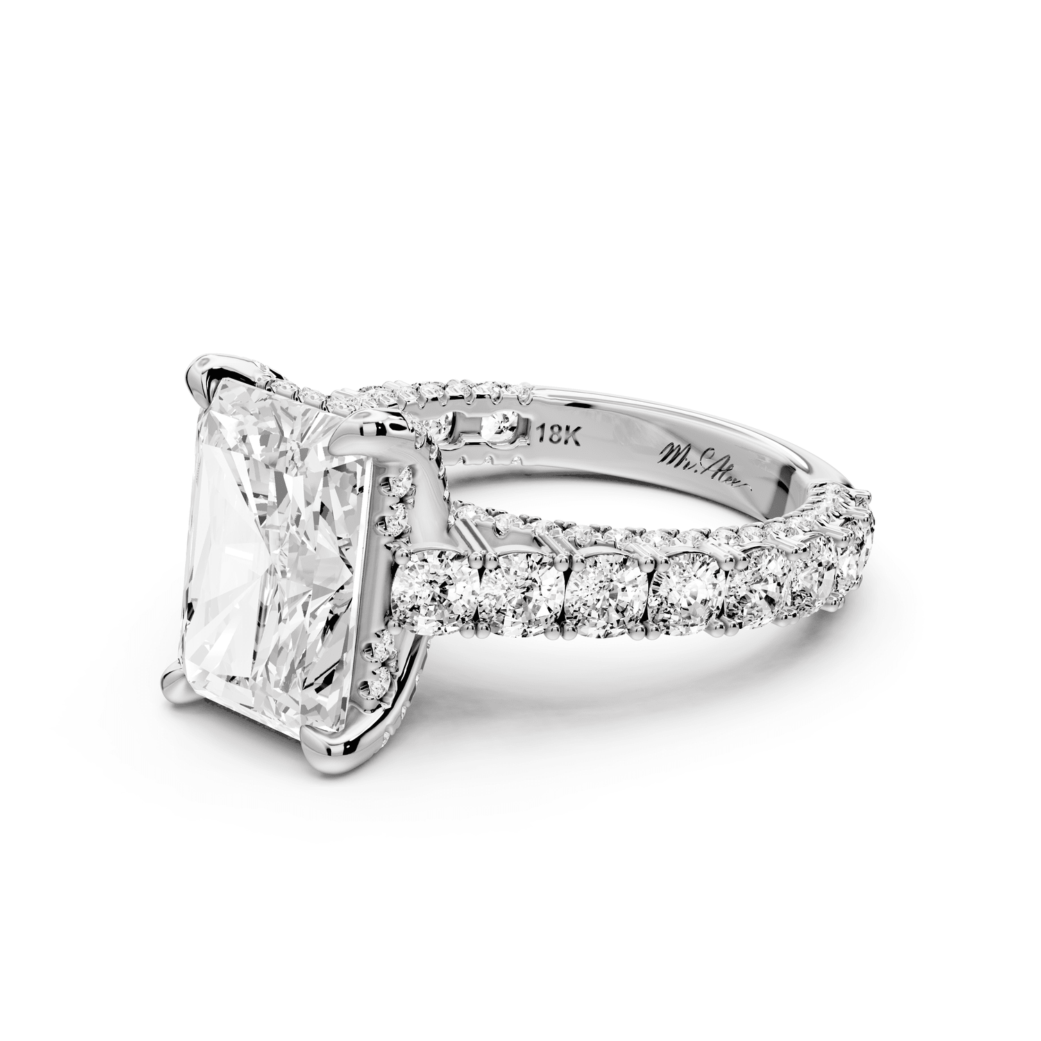 Ivy - 4ct 14k white gold radiant Diamond Crown Cathedral Rollover Pavé Engagement Ring - Mr. Alex Jewelry