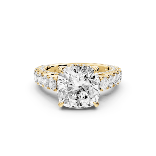 Ivy - 4ct 14k yellow gold cushion Diamond Crown Cathedral Rollover Pavé Engagement Ring - Mr. Alex Jewelry