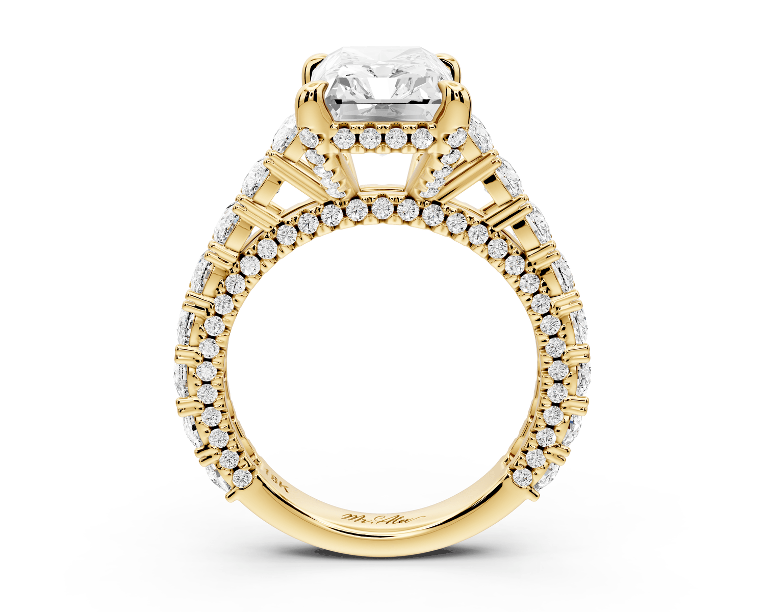 Ivy - 4ct 14k yellow gold radiant Diamond Crown Cathedral Rollover Pavé Engagement Ring - Mr. Alex Jewelry