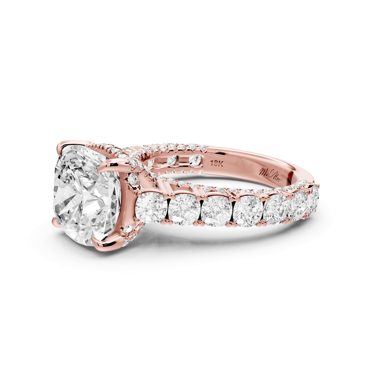 Ivy - 4ct 18k rose gold cushion Diamond Crown Cathedral Rollover Pavé Engagement Ring - Mr. Alex Jewelry