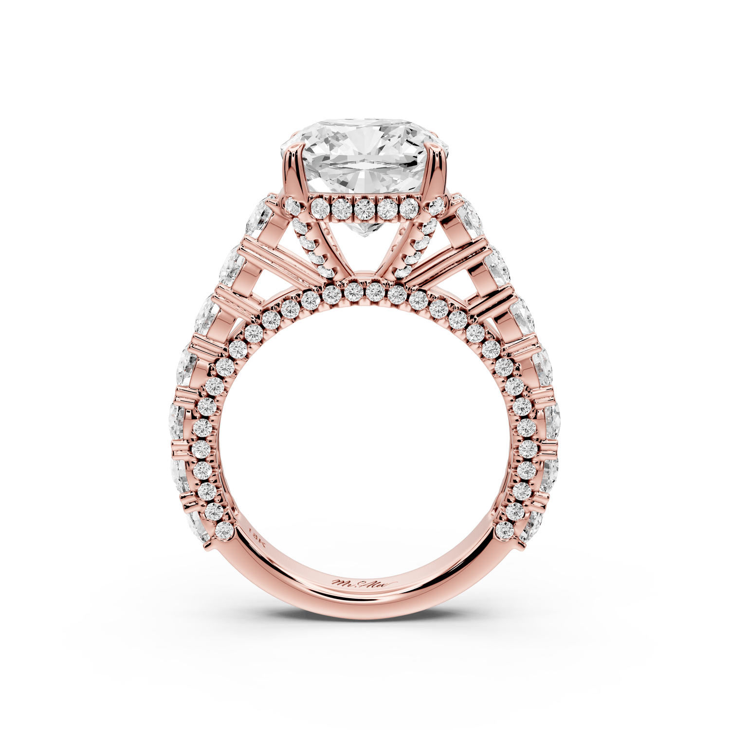 Ivy - 4ct 18k rose gold cushion Diamond Crown Cathedral Rollover Pavé Engagement Ring - Mr. Alex Jewelry