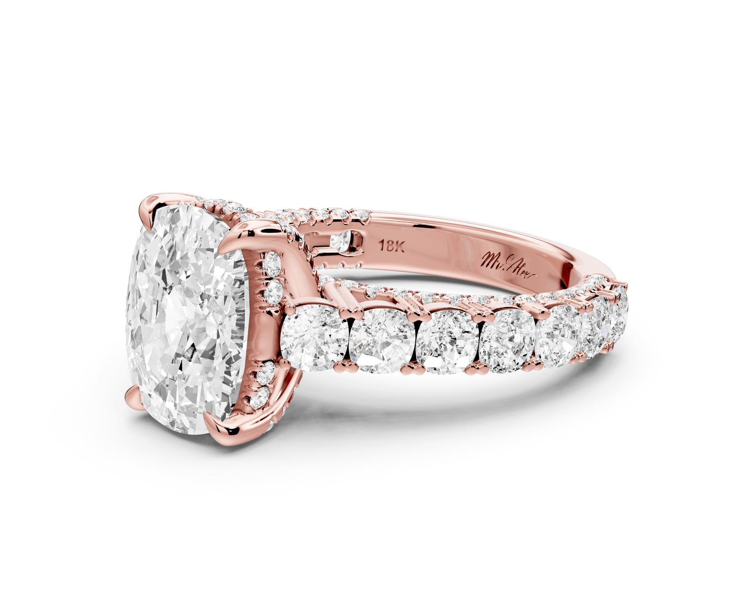 Ivy - 4ct 18k rose gold ecushion Diamond Crown Cathedral Rollover Pavé Engagement Ring - Mr. Alex Jewelry