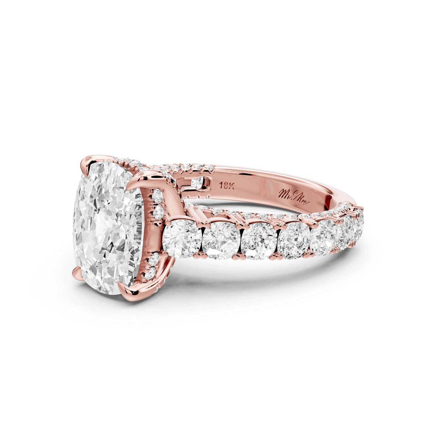 Ivy - 4ct 18k rose gold ecushion Diamond Crown Cathedral Rollover Pavé Engagement Ring - Mr. Alex Jewelry