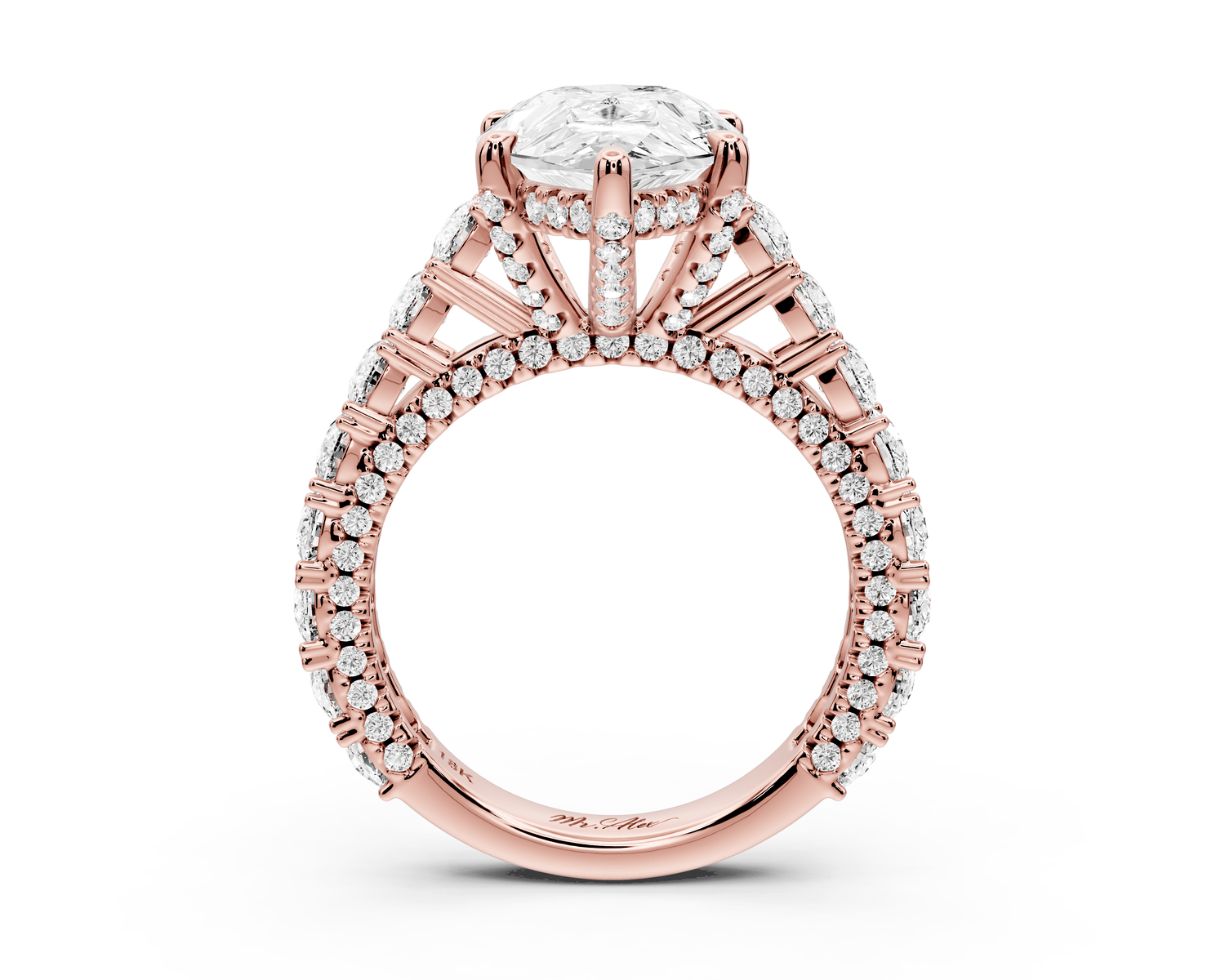 Ivy - 4ct 18k rose gold pear Diamond Crown Cathedral Rollover Pavé Engagement Ring - Mr. Alex Jewelry
