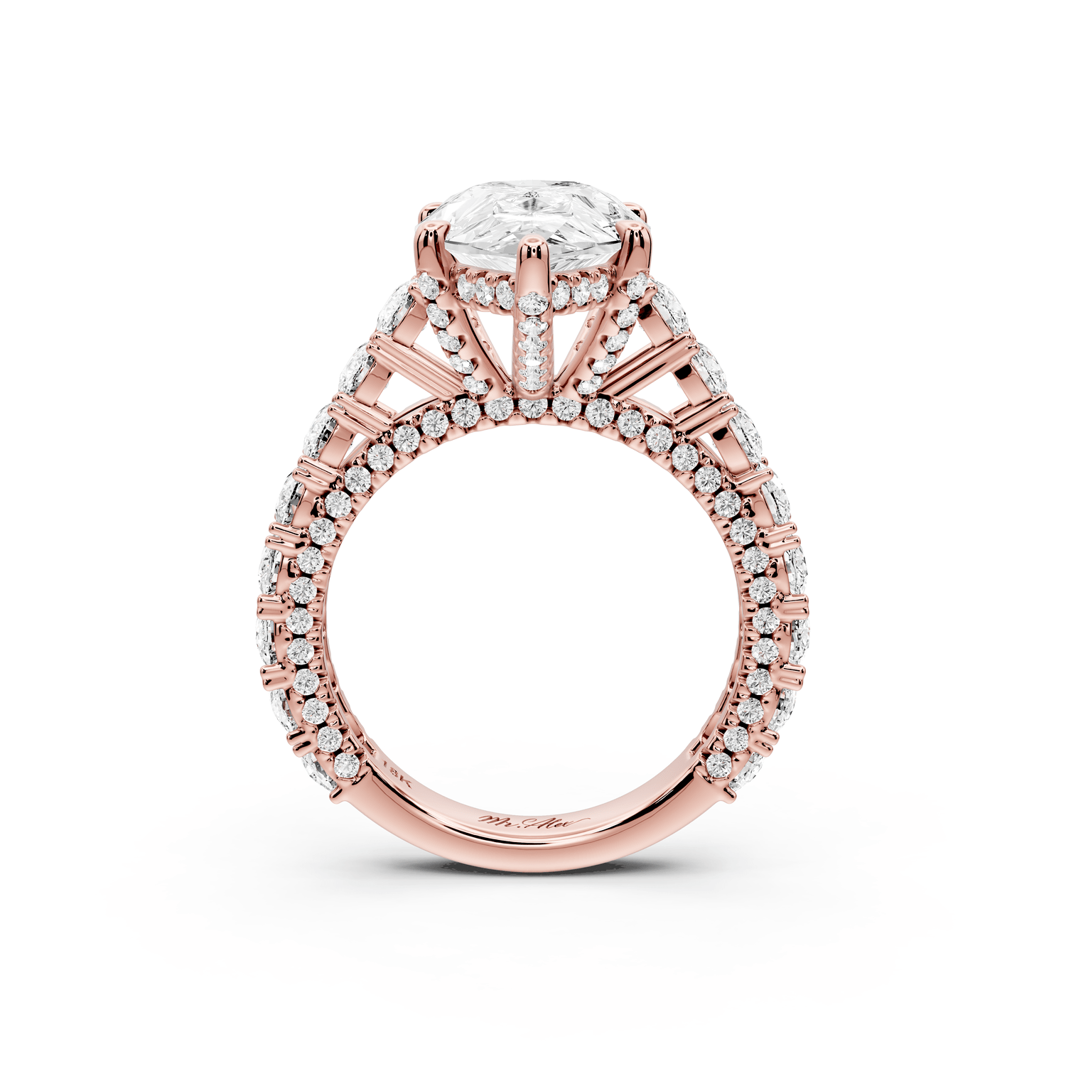 Ivy - 4ct 18k rose gold pear Diamond Crown Cathedral Rollover Pavé Engagement Ring - Mr. Alex Jewelry