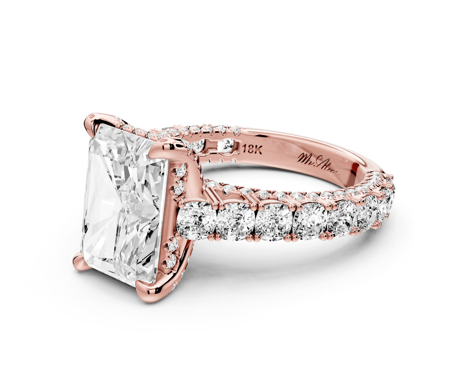 Ivy - 4ct 18k rose gold radiant Diamond Crown Cathedral Rollover Pavé Engagement Ring - Mr. Alex Jewelry