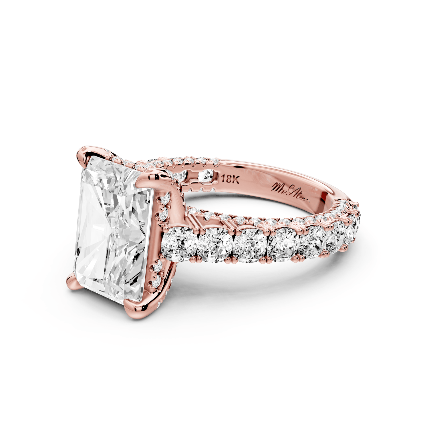 Ivy - 4ct 18k rose gold radiant Diamond Crown Cathedral Rollover Pavé Engagement Ring - Mr. Alex Jewelry
