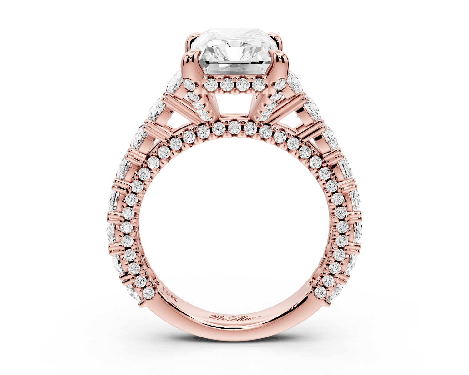 Ivy - 4ct 18k rose gold radiant Diamond Crown Cathedral Rollover Pavé Engagement Ring - Mr. Alex Jewelry