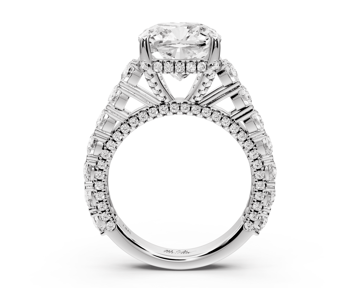 Ivy - 4ct 18k white gold cushion Diamond Crown Cathedral Rollover Pavé Engagement Ring - Mr. Alex Jewelry