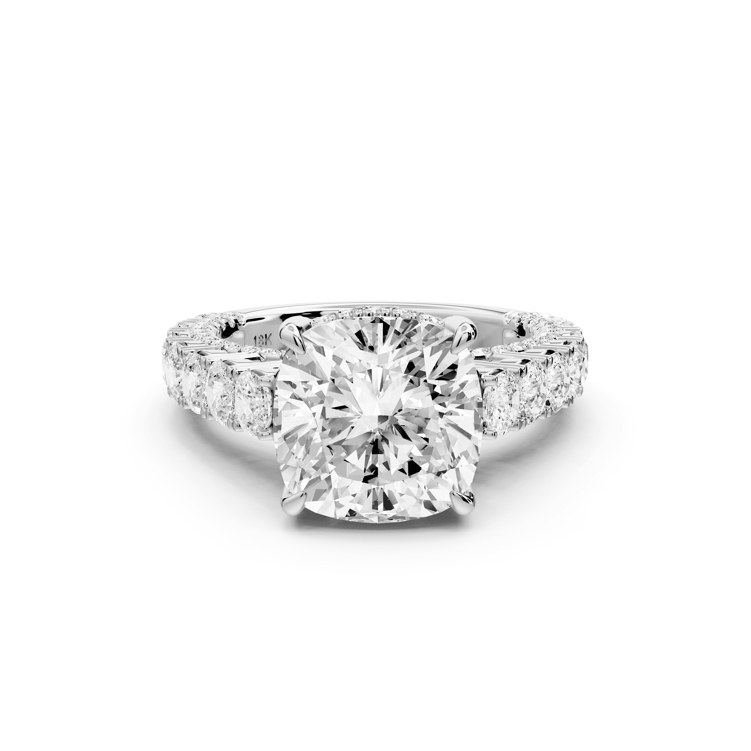 Ivy - 4ct 18k white gold cushion Diamond Crown Cathedral Rollover Pavé Engagement Ring - Mr. Alex Jewelry