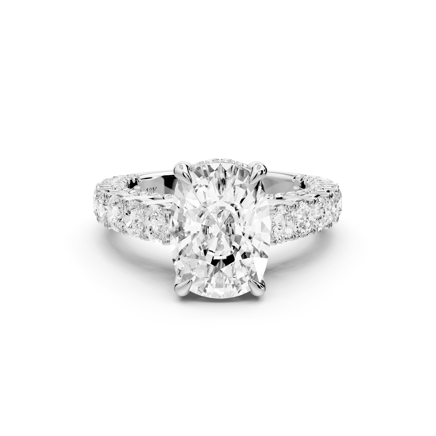 Ivy - 4ct 18k white gold ecushion Diamond Crown Cathedral Rollover Pavé Engagement Ring - Mr. Alex Jewelry