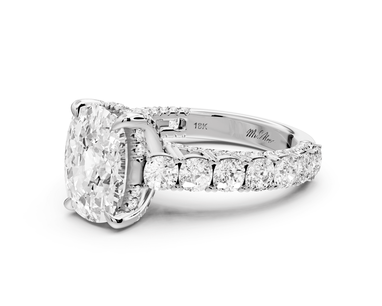 Ivy - 4ct 18k white gold ecushion Diamond Crown Cathedral Rollover Pavé Engagement Ring - Mr. Alex Jewelry