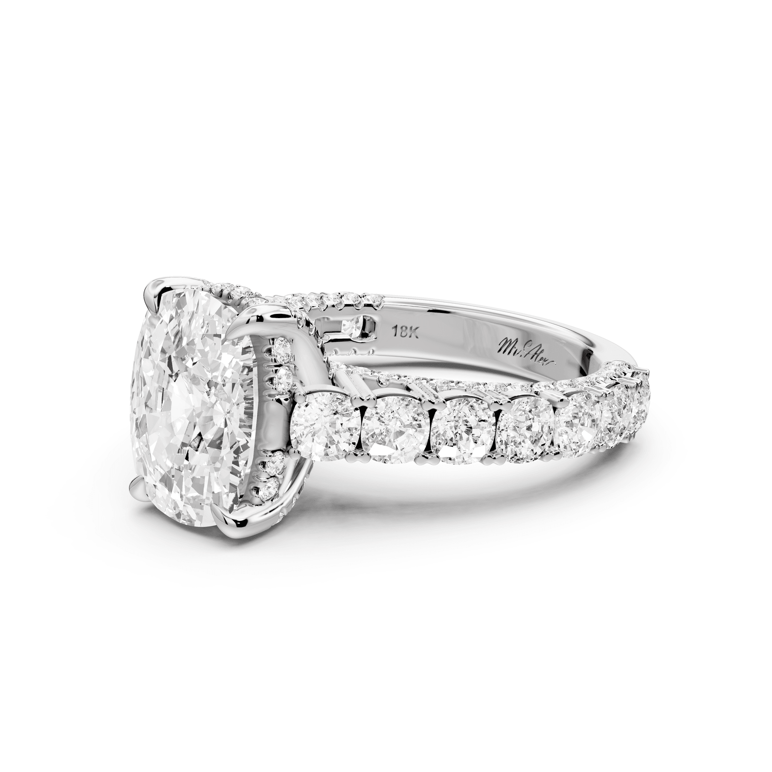 Ivy - 4ct 18k white gold ecushion Diamond Crown Cathedral Rollover Pavé Engagement Ring - Mr. Alex Jewelry